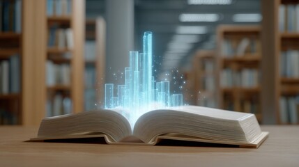 Holographic Education Concept Depicting Digital Knowledge Emerging from an Open Book in a Library Setting