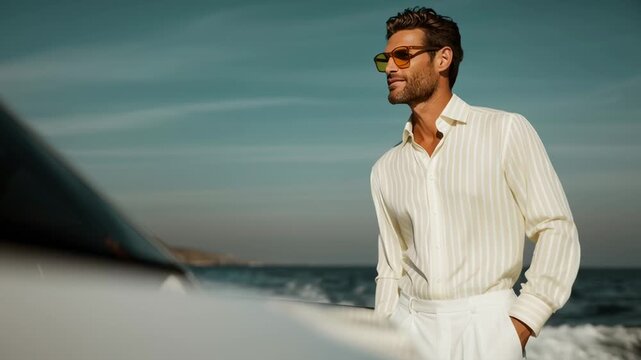 A man is standing on a boat in the ocean. He wears a white shirt and sunglasses as he looks towards the coastline. The sky is clear and the water is blue. This takes place on a sunny day