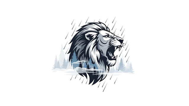 A roaring big cat's head in profile, roaring with visible teeth and mane. Rain falls around the beast. Forest scene in silhouette