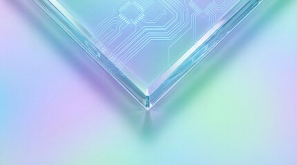 Futuristic transparent glass panel with etched circuit board pattern on soft pastel gradient background. Modern technology concept.