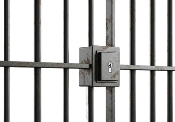Heavily distressed, rusted metal prison bars in a uniform grid with a centered square lock and keyhole, isolated on a transparent background with copy space. Imprisonment and confinement concept