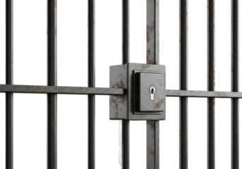 Heavily distressed, rusted metal prison bars in a uniform grid with a centered square lock and keyhole, isolated on a transparent background with copy space. Imprisonment and confinement concept