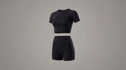 Black athletic crop top and shorts set on a neutral background, minimalist activewear fashion