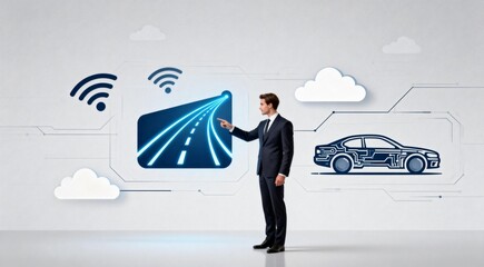 Businessman presenting digital car and road