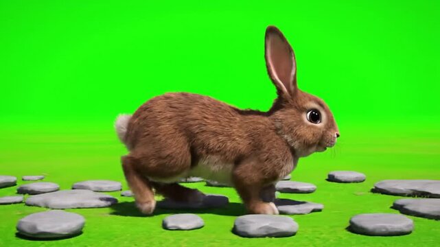 Realistic Brown Rabbit Hopping Seamlessly Against a Bright Green Screen on a Patch of Green Grass with Strategically Placed Stone Stepping Stones Animated Seamlessly Perfect for Animal Themes and