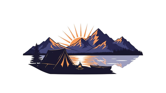 A scenic graphic illustration showcasing a campsite at sunrise. Features mountains, lake with reflection, a tent, fire, boat, and trees