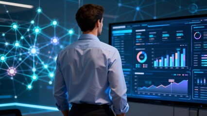 Man analyzing data on large screen