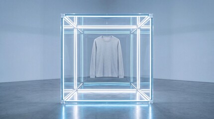 Minimalist long-sleeved shirt in glowing neon cube. Futuristic digital fashion concept for virtual commerce and retail.