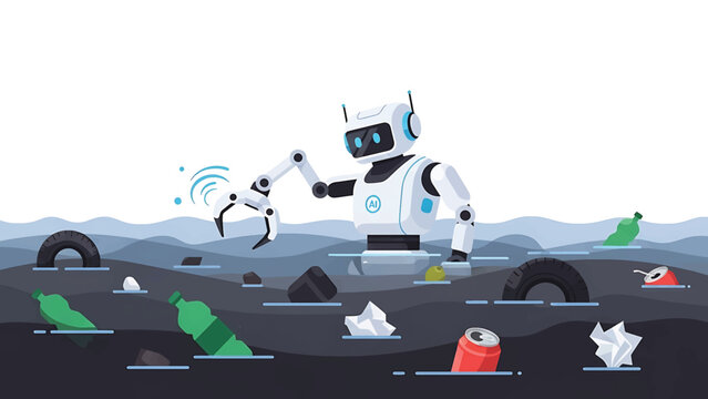 A robotic figure, designed with AI, cleaning polluted water. The scene includes various trash items like tires and bottles
