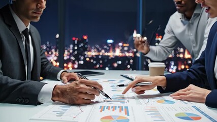 Business team meeting late at night reviewing financial chart report data with city skyline view in background - Powered by Adobe