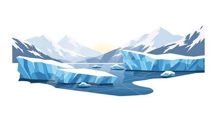 A serene illustration featuring icy landscape with icebergs, mountains, and a pale sun, hinting at an arctic environment © Kawan