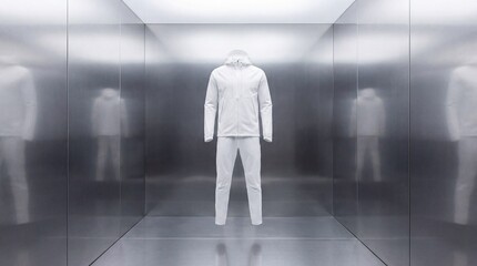 Obraz premium Minimalist White Techwear Outfit in a Sleek, Reflective Chrome Display Room, Modern Performance Apparel