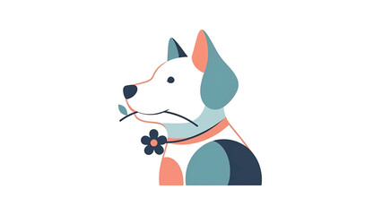 A side-profile illustration depicts a dog with a sprig in its mouth and a flower collar. The style uses geometric shapes and muted colors