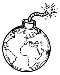 Hand drawn line art illustration of the earth as a bomb depicting a global crisis for environmental and political awareness