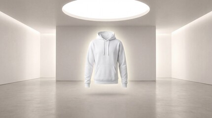 White Hoodie Mockup Floating and Glowing in a Modern Minimalist Architectural Space