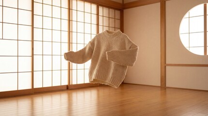 Beige Knit Sweater Floating in a Tranquil Japanese Room with Shoji Screens