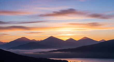 Panoramic vista of mountains at sunrise with radiant sky hues