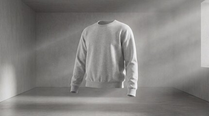 Minimalist Grey Sweatshirt Mockup Floating in Concrete Room with Sunlight