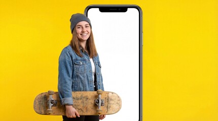 Smiling young woman with skateboard next to blank smartphone screen on yellow background for app or tech mockup