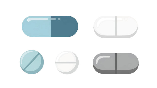 A set of five medicine illustrations including capsules and tablets, in various shapes and colors, all on a white background