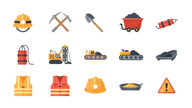 A set of colorful, flat vector illustrations representing mining industry elements and equipment, including helmets, explosives, and vehicles