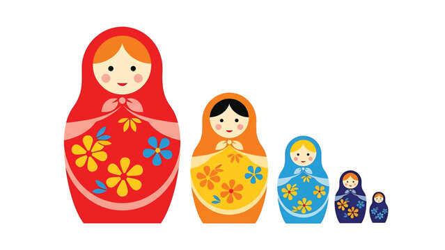A set of colorful nested dolls, depicting five different sizes, each with a unique design and smiling face, arranged in a row