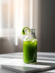 Refreshing Green Juice in Clear Bottle with Lime Peel and Sunlight