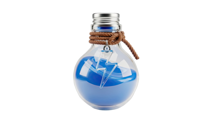 Glass bottle with blue liquid and lightning bolt charm