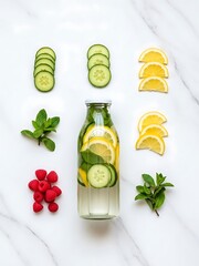 Refreshing Detox Water Infusion with Citrus, Cucumber and Mint isolated flatlay