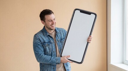 Happy man holding oversized smartphone with blank screen for app, website, or advertising mockups and content display