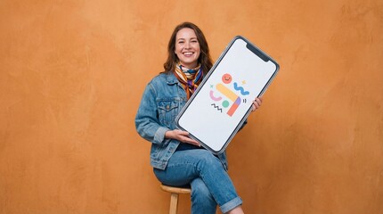 Smiling woman holds oversized smartphone displaying colorful abstract graphic design on screen, ideal for app promotion