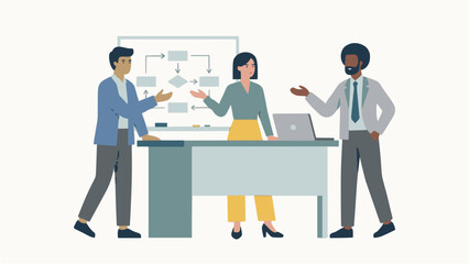 Three diverse business professionals collaborate around a desk with a laptop and a whiteboard displaying a flowchart diagram during a productive meeting on transparent background