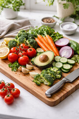 Freshly prepared colorful vegetables and fruits on a wooden cutting board, ready for cooking.