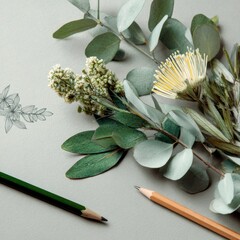 greenery arrangement on office paper with pencil