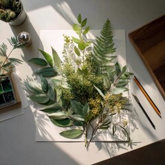greenery arrangement on office paper with pencil