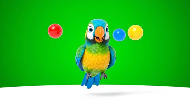 Cartoon Parrot Animation with Floating Spheres Isolated on Green Screen Background Animation Features a Blue and Yellow Parrot with a White Beak Surrounded by Floating Blue Red and Yellow Spheres 3D