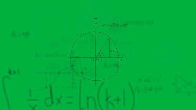 Animation of mathematical formulae and hand drawn blue frames moving on black background