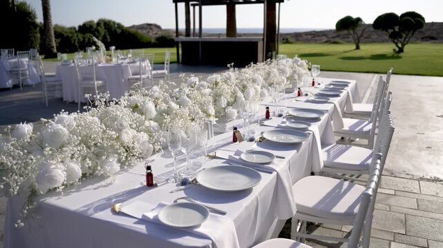 Tables are set with white flowers and dinnerware for a gathering outside. The location has a view of the ocean in the afternoon. Guests will enjoy food and drinks.