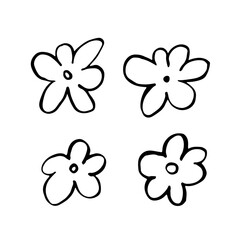 Minimalist vector set of four hand-drawn flower doodles in a simple black outline style.