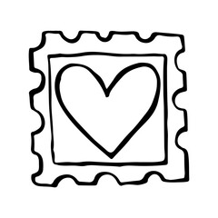 Minimalist hand-drawn vector doodle of a postage stamp with a scalloped border and a central heart shape