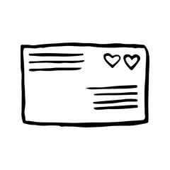 Minimalist hand-drawn doodle of an envelope or postcard decorated with small heart icons or heart-shaped postage stamps