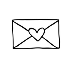 Minimalist hand-drawn vector doodle of a sealed envelope featuring a central heart shape on the flap