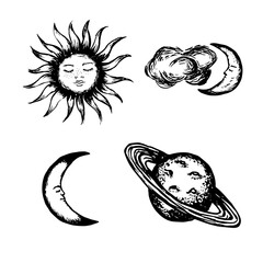 Vintage hand-drawn vector set of celestial elements featuring a sun with a face, crescent moons, clouds, and the planet Saturn © Kamila Bay