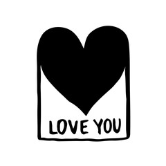 Minimalist hand-drawn doodle card with a large solid black heart and LOVE YOU text.