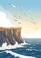 Seaside cliffs, soaring seabirds, and the rhythmic crash of ocean waves under serene skies