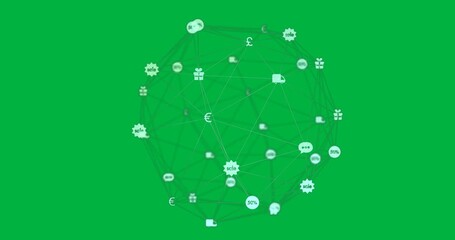 Animation of digital interface and globe of network connections with icons on black background - Powered by Adobe