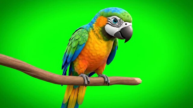 Animated Blue and Yellow Macaw Perched on a Branch Isolated by Green Screen in Detailed 3D Render with Playful Vibe Perfect for Decoration and Educational Videos About Birds and Tropical Wildlife