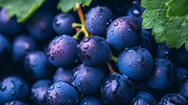 Close-up of fresh dark purple grapes with water droplets on surface showcasing natural moisture - Powered by Adobe