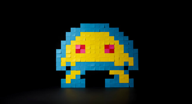 Retro 8-bit pixel art character, yellow and blue alien creature with red eyes, reminiscent of classic arcade video games