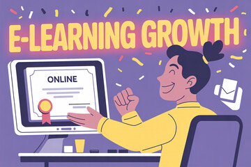 E-learning growth concept with happy person celebrating online course completion